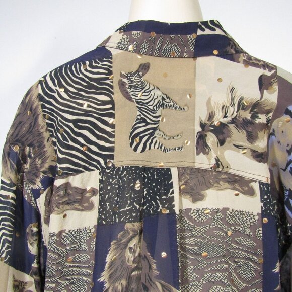VTG SILK Safari BOHO M Africa Animal Print Button Front Novelty Top Retro Brown - Picture 6 of 10
